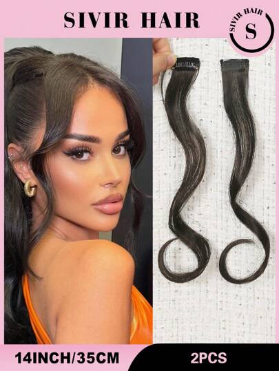 2PCS Long Curly 14INCH/35CM Bangs Clips Front Two Side Fringe Hair Extension Natural Synthetic Middle Part Fake Fringe For Women