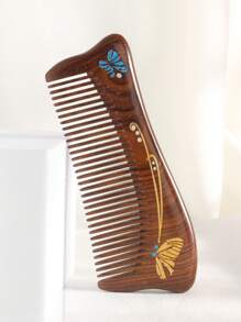1把檀木梳，饰有手绘彩色箔纸蝴蝶图案，细齿手柄或无柄设计，防静电女士发梳，梳子，美发工具，美发产品及配件，适用于理发店、美容院、返校季、旅行度假等场合，女士必备，梳子，解结梳，球形梳，迷你发梳套装，木梳，发梳，美发设备，发型，美发，发梳，发梳套装，梳子，卷发梳，解结梳，女士发梳，理发配件，理发店，美发设备 - 棕色 - 查看 4