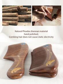 1把檀木梳，饰有手绘彩色箔纸蝴蝶图案，细齿手柄或无柄设计，防静电女士发梳，梳子，美发工具，美发产品及配件，适用于理发店、美容院、返校季、旅行度假等场合，女士必备，梳子，解结梳，球形梳，迷你发梳套装，木梳，发梳，美发设备，发型，美发，发梳，发梳套装，梳子，卷发梳，解结梳，女士发梳，理发配件，理发店，美发设备 - 棕色 - 查看 2