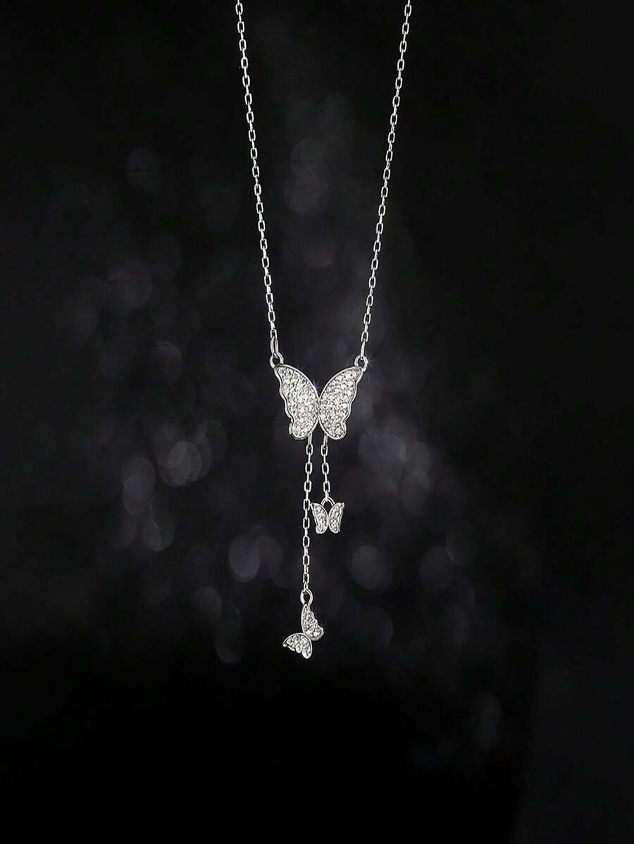 1pc Fashionable Silver Butterfly Tassel Necklace, Delicate Clavicle Chain, Pendant For Women's Daily Wear