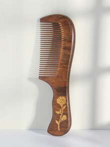 1/2pcs/Set Sandalwood Comb With Gold Foil Floral, Rose & Butterfly Pattern, Fine Teeth Handle Or Handleless Options, Anti-Static Hair Brush For Women - Brown - View 10