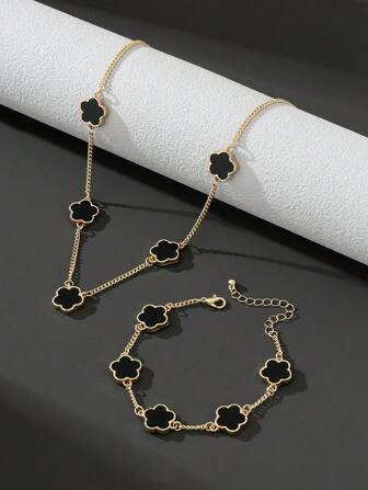 1pc Men's Fashionable Business Style Lucky Clover Pendant Necklace With Chain & Bracelet Set Valentines