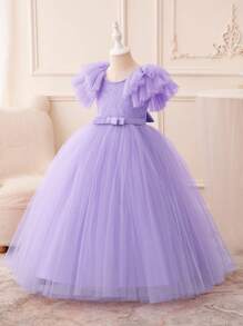 少女蝴蝶结装饰网眼拼布复活节派对礼服，优雅公主裙，适合女孩生日派对、婚礼、花童、舞会、节日庆典 - 淡紫色 - 查看 4