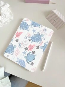 1pc Cute Blue Sea Turtle Patterned Silicone Protective Case With Pen Holder, Supports Sleep/Wake Function, Compatible With Huawei, Xiaomi, IPad, Samsung Tablets