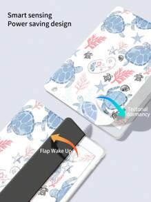 1pc Cute Blue Sea Turtle Patterned Silicone Protective Case With Pen Holder, Supports Sleep/Wake Function, Compatible With Huawei, Xiaomi, IPad, Samsung Tablets