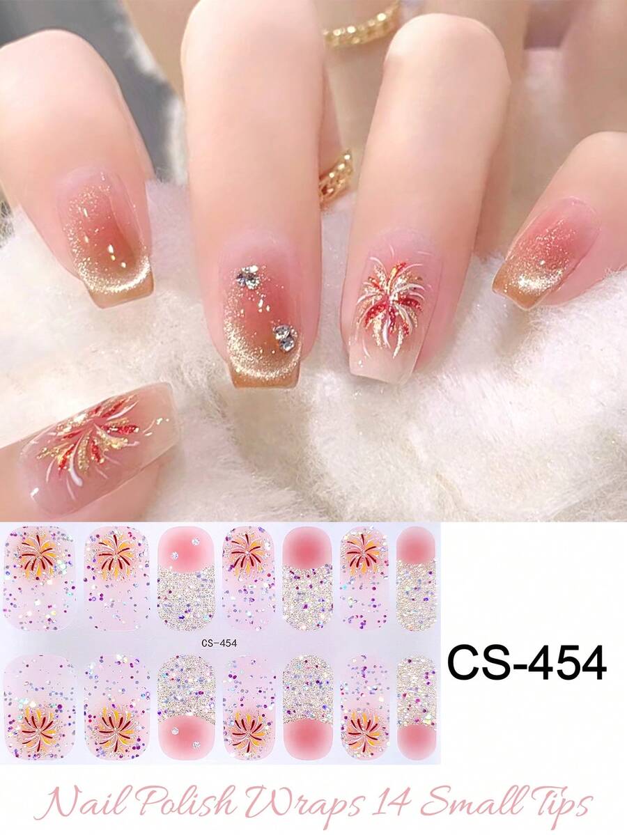 Dải nghệ thuật móng tay, Miếng dán sơn móng tay bọc toàn bộ tự dính với thiết kế pháo hoa ngọn lửa lễ hội, dễ dàng sử dụng và gỡ bỏ (Không cần chữa trị) - Lâu trôi và - Trang trí nghệ thuật móng tay tự làm bằng sequin - Hồng - Xem 1