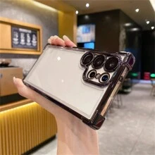 1 Stück schwarze galvanisierte Airbag Sturzsicherungsschale mit integrierter Linsenfolie, transparente Acrylrückwand + TPU Silikon Weichkante PC Hartschale Vollschutz Luxus Handyhülle, staubdichte verdickte Version, kompatibel mit Apple, Galaxy und