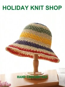 1 pieza Sombrero plegable estilo escolar retro de rayas de colores tejido, adecuado para uso diario, casual y de viaje - multicolor - Ver 7