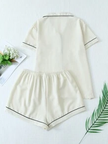 Summer Contrast Trim Polo Collar Pocket Heart Graphic Button Up Top And Bowknot Shorts Pajama Set - White - View 2