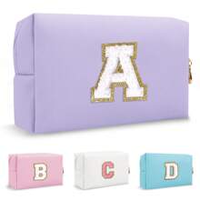 Personalized Initial Letter Patch Makeup Bag, Preppy Small Chenille Letter Cosmetic Bag With Zipper, PU Leather Waterproof Travel Toiletry Bag Monogram Make Up Pouch For Women Girls Makeup Bags Makeup Organizer Make Up Organizer Makeup Storage