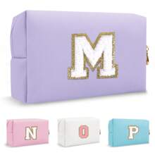 Personalized Initial Letter Patch Makeup Bag, Preppy Small Chenille Letter Cosmetic Bag With Zipper, PU Leather Waterproof Travel Toiletry Bag Monogram Make Up Pouch For Women Girls Makeup Bags Makeup Organizer Make Up Organizer Makeup Storage