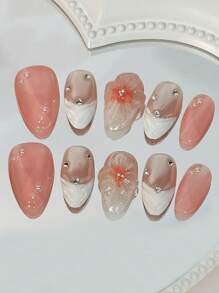 Pure Handmade Nails 3D Flower Floral Nails Set Chrome Nails Medium Almond Nails 10Pcs French Tip Fake Nails For Women Girls Daily Wear