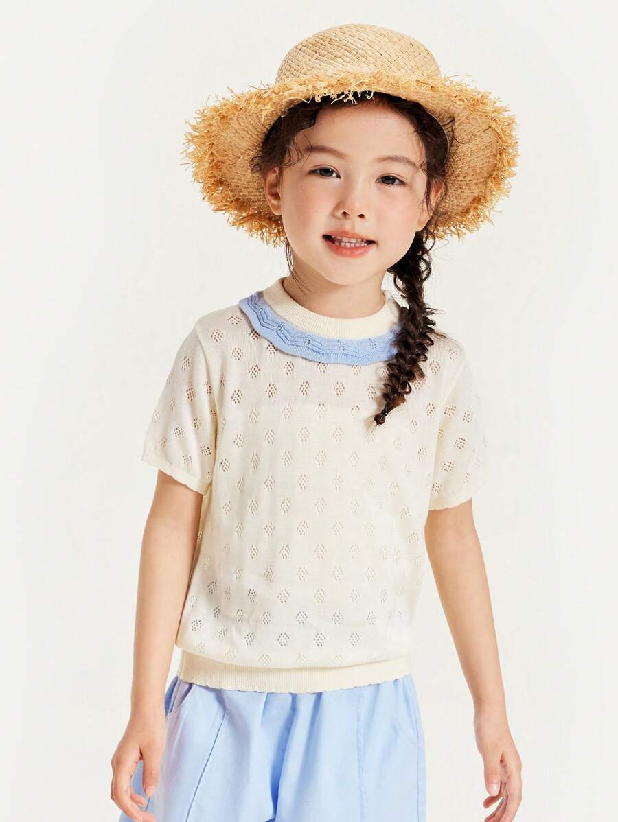 mini bala Girls' Summer Cute Cartoon Agaric Laces Knit T-Shirt - White - View 1