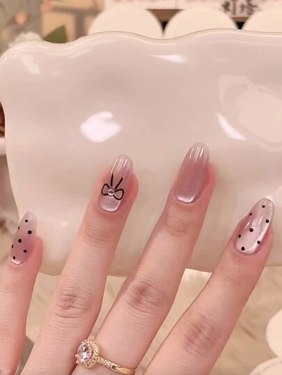 Instantly Enhance Your Look With A Complete Set Of 30 Short Coffin Shaped Pressed Fake Nail Patches, French Premium Nude Skin Polka Dot Bow, Japanese And Korean Style Women'S Fingernail Patches, Paired With 1 Jelly Gel And 1 Rubbing Strip. Suitable For Parties, Dances, Daily Casual Wear, Detachable And Reusable Press On Nails Nail Supplies Nails