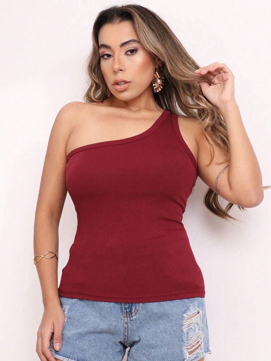 Women's One Shoulder Ribbed Tank Top - Màu Tím - Xem 1