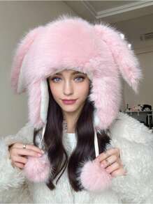 1pc Women's Fluffy Rabbit Fur Ear Protection Bomber Hat, Warm Thickened Windproof Trapper Hat For Winter - Multicolor - View 3