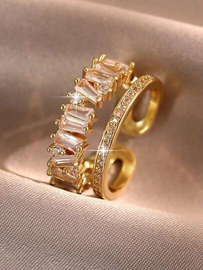 1pc Dainty Double Layered Asymmetrical Opening Ring Inlaid With Cubic Zirconia For Bridal Wedding Jewelry Gift For Couple Wife Engagement Anniversary