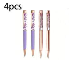 2/4 支水晶玫瑰金金属圆珠笔，带永生花，可旋转，适合女性的办公用品和礼物
