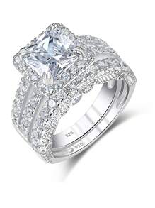 AIHUASI 2 件/套 925 纯银精美婚礼订婚戒指套装 女士 7*7 毫米 1.25 克拉闪亮公主方形切割 AAAAA 锆石新娘套装精美珠宝情人节礼物 - 銀色 - 查看 2