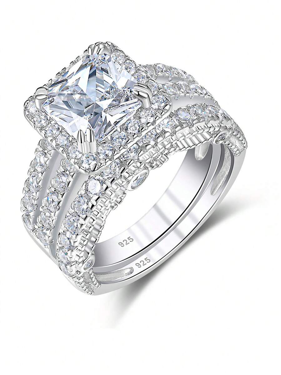 AIHUASI 2 件/套 925 纯银精美婚礼订婚戒指套装 女士 7*7 毫米 1.25 克拉闪亮公主方形切割 AAAAA 锆石新娘套装精美珠宝情人节礼物