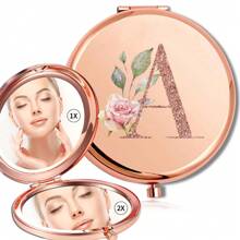 女士金属放大化妆镜折叠双面化妆镜便携式手持镜可放口袋钱包适合户外旅行姓名首字母 26 个字母图案适合情人节母亲节礼物 - 金色 - 查看 28
