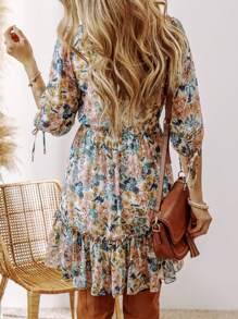 Acelitt Cute Casual Floral Print High Waisted Ruffle Hem Shirred Dress