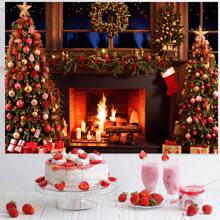 1 pieza Tela de fondo fotográfico con tema de chimenea navideña acogedora para 1er cumpleaños y sesión de fotos - Multicolor - Ver 4