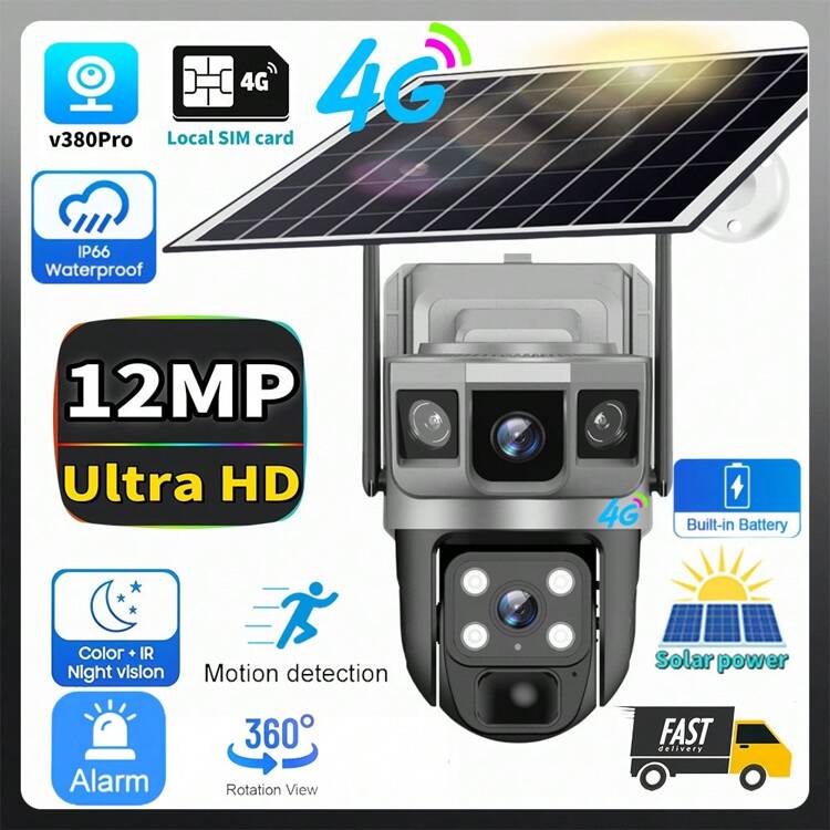 SWVW كاميرا مراقبة V380 برو بتقنية 4G LP مزودة بلوحة شمسية، ذات عدسة مزدوجة ، شاشات ثلاثية ، تتبع تلقائي ، تصوير خارجي بزوم 10 أضعاف وجودة 6K ، كاميرا مراقبة أمان منزلي لا سلكية 4G للاستخدام الداخلي والخارجي ، كاميرات PTZ - كاميرا عالية الدقة بدقة 12 ميجابكسل - مشاهدة 1