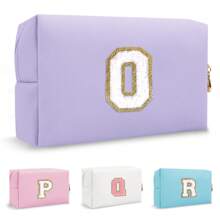Personalized Initial Letter Patch Makeup Bag, Preppy Small Chenille Letter Cosmetic Bag With Zipper, PU Leather Waterproof Travel Toiletry Bag Monogram Make Up Pouch For Women Girls Makeup Bags Makeup Organizer Make Up Organizer Makeup Storage