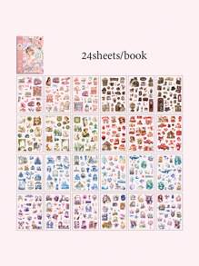 24 pièces/livre Livre d'autocollants, série "Le retour des vieux rêves à la maison", autocollants délicats rétro de personnages et de fleurs, découpés au pochoir et faciles à déchirer, fournitures pour scrapbooking, cahiers décoratifs, cadres photo, coques de téléphone, tasses à eau, boîtes de papeterie, collages de magazines à ordures, fournitures scolaires, rentrée scolaire - Multicolore - Voir 14
