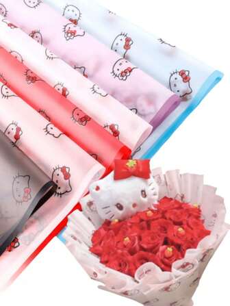 Sanrio 20pcs HelloKittyes Gift Wrap Paper Cartoon Patterned Waterproof Wrapping Sheets With Ribbon For DIY Crafts Gifts And Floral Bouquets Back To School Valentine Day
