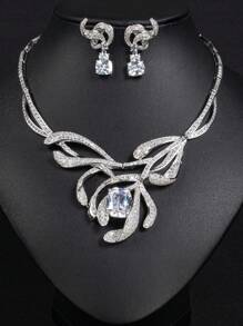 2 件/套水晶钻石项链耳环套装适合短裙、婚礼、晚宴和珠宝 - 植物 - 查看 3