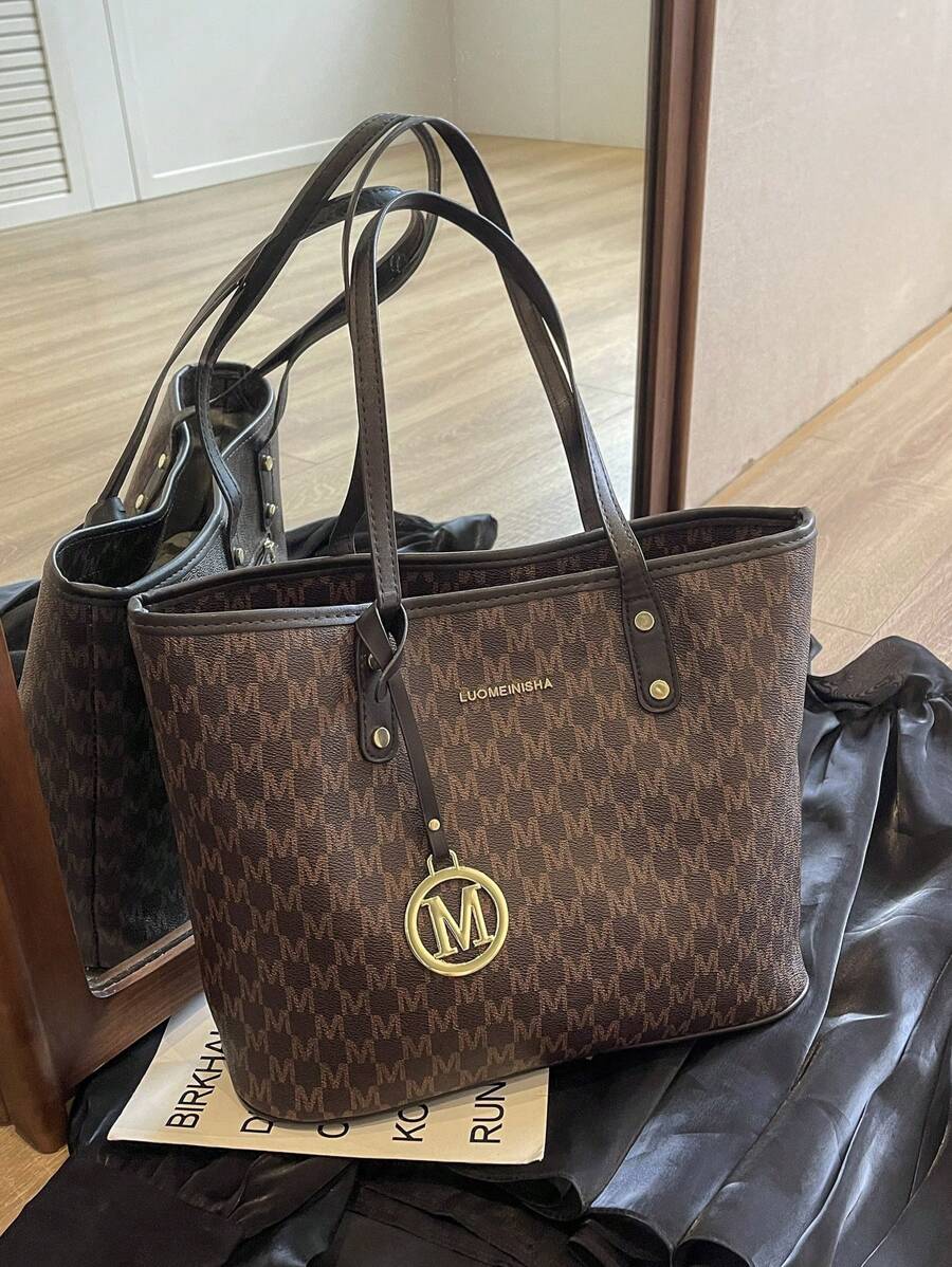 2023新款时尚女士大容量全印花字母图案装饰双提手手提包，适合工作通勤、上学、返校等场合，轻便易携，商务休闲风格，是青少年、女性、大学生、年轻职业人士和上班族的理想之选，完美适用于返校、大学、中学、高中、工作、商务、通勤等场合。时尚拉链手提包，女士手提包。 - 咖啡棕 - 查看 1