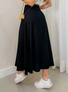 Women's Tricoline Midi Skirt With Two-Button Front Closure Belt Entry - màu đen - Xem 4