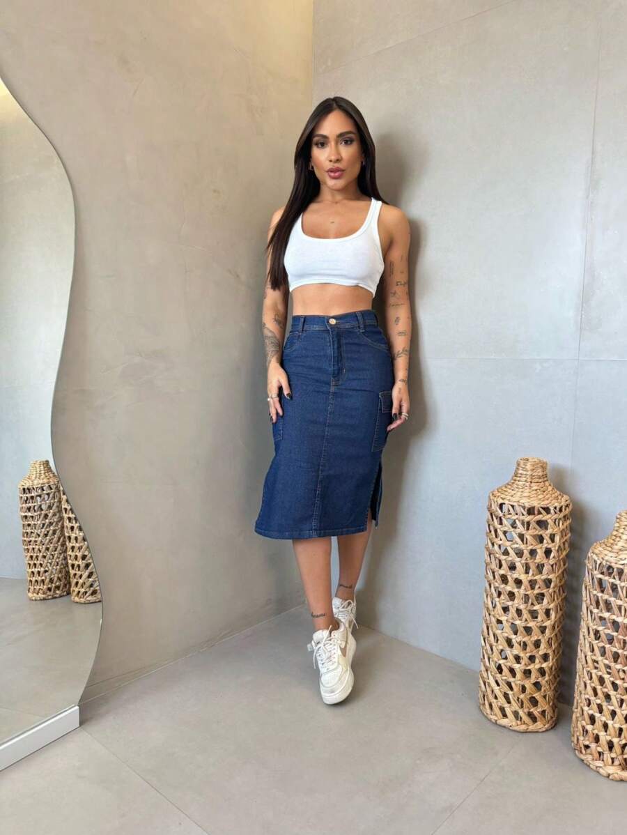 Tendencia Evangelical Secretary Women's Cargo Skirt - Rửa tối - Xem 1