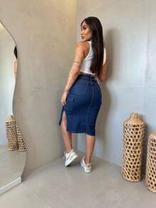 Tendencia Evangelical Secretary Women's Cargo Skirt - Rửa tối - Xem 2