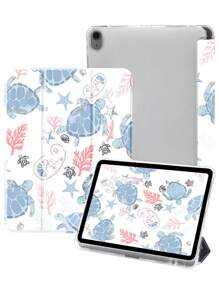 1pc Cute Blue Sea Turtle Patterned Silicone Protective Case With Pen Holder, Supports Sleep/Wake Function, Compatible With Huawei, Xiaomi, IPad, Samsung Tablets