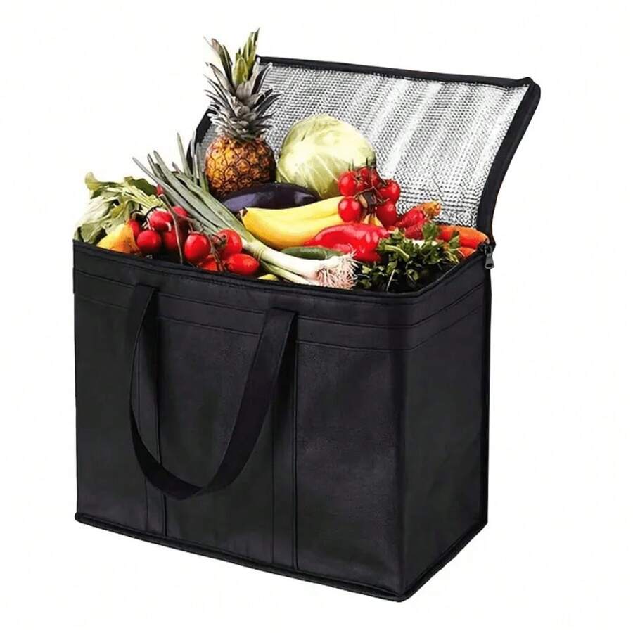可折叠隔热杂货手提袋 - 大型可重复使用的食品运输袋，是您购物、野餐或海滩度假的解决方案 - 黑色 - 查看 1