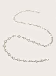 1pc Plus Size Women's Elegant Floral Cutout Faux Pearl Embellished Gold-Tone Chain Belt, Suitable For Dress, Casual, Party, And Vacation Wear Summer School Fall, Autumn, Halloween - Multicolor - View 5