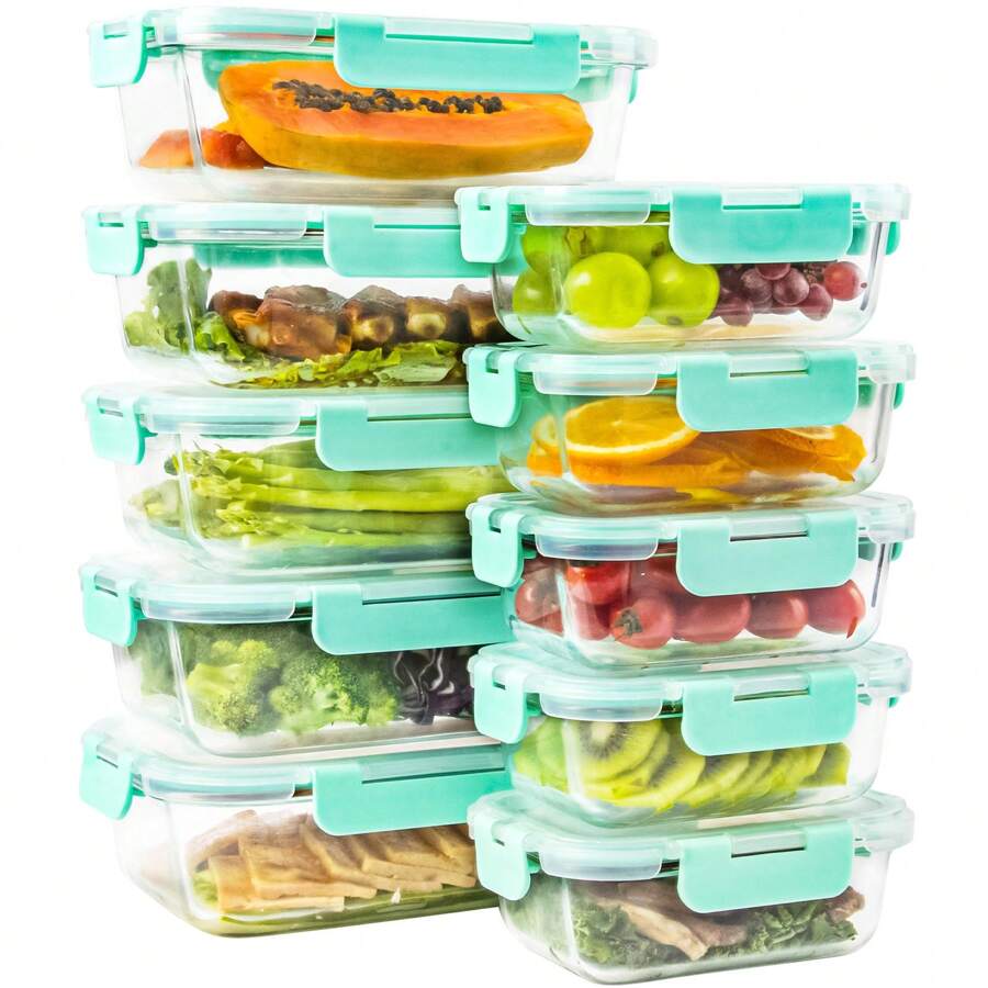[20-Pieces]  High Borosilicate Glass Food Storage Containers Set, Glass Food Meal Prep Containers With Leakproof Airtight Lids, Perfect For Lunch, On The Go, Leftover, Kitchen Pantry Organizers And Storage - 藍綠 - 查看 1