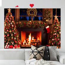 1 pieza Tela de fondo fotográfico con tema de chimenea navideña acogedora para 1er cumpleaños y sesión de fotos - Multicolor - Ver 3