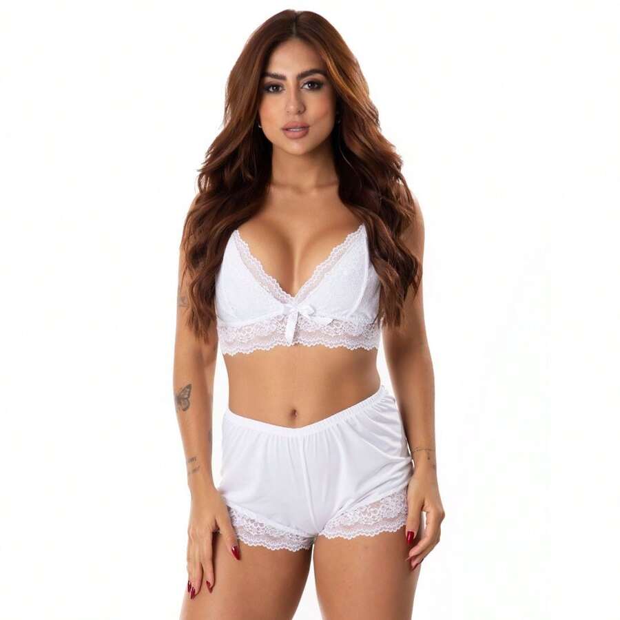 Baby Doll Feminino Luna Cropped de Renda e Short Microfibra Sexy - Branco - Visão 1