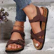 Womens Comfortable Strappy Slip-On Modern Memory Foam Cushion Footbed Outdoor Adjustable Buckle Cork Footbed Slides For Sandals - Màu nâu  Mocha - Xem 5