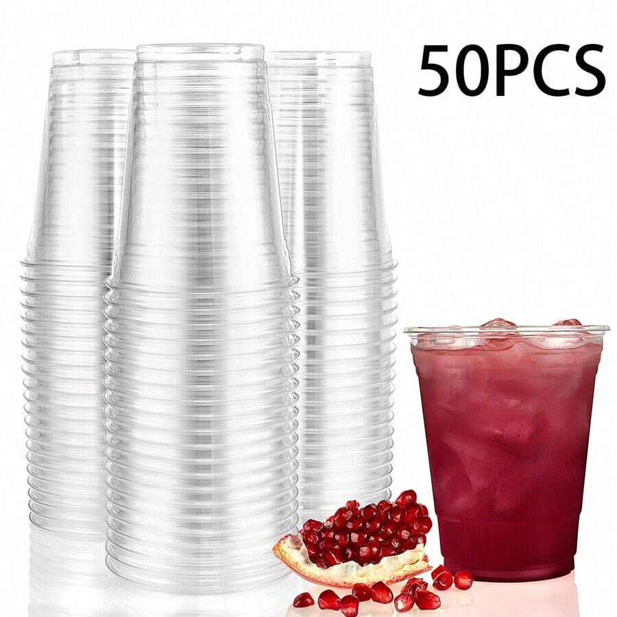 50PCS Plastic Cups, Clear Plastic Cups To Go Coffee Cups For Iced Coffee, Smoothie, Lemonade, Party Drinking Cups, Soda, Ice Cream, Juice For Summer - Clear - View 1