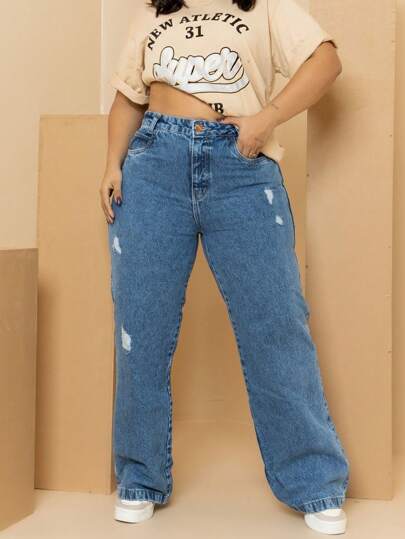 Calça wide leg jeans feminina plus size,rasgadinha,barra feita.