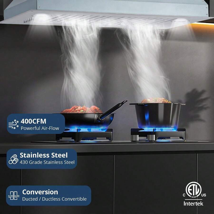 Range Hood, 30 Inch Stainless Steel BuiltIn Kitchen Hood, Ducted