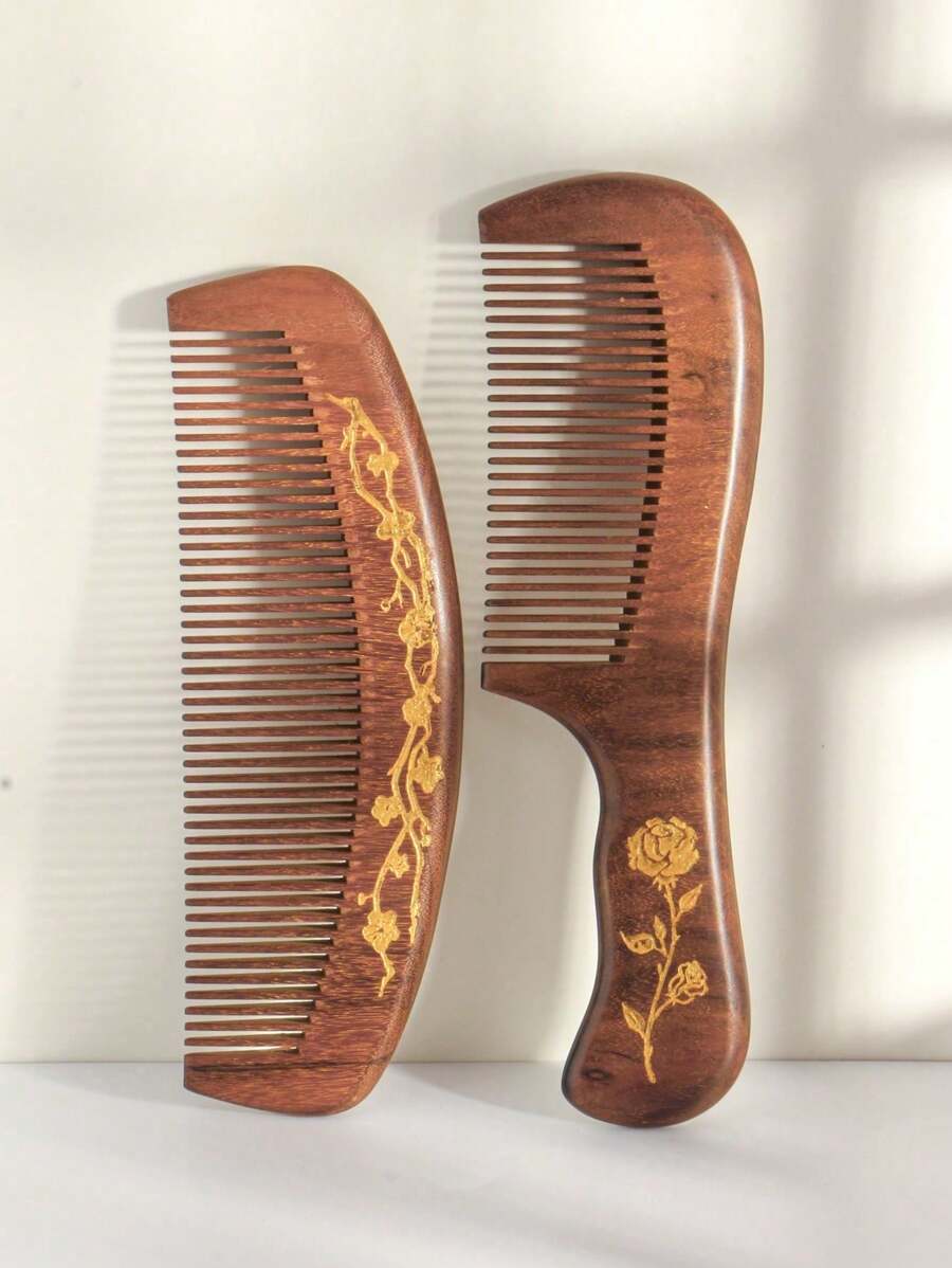 1/2pcs/Set Sandalwood Comb With Gold Foil Floral, Rose & Butterfly Pattern, Fine Teeth Handle Or Handleless Options, Anti-Static Hair Brush For Women - Brown - View 1