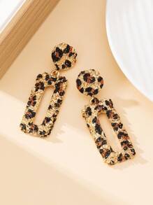 1 par de pendientes de estilo palacio con estampado geométrico de leopardo de gran tamaño y volantes con relieve floral retro europeo - Multicolor - Ver 3