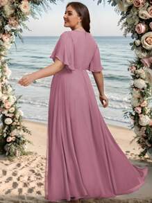 EVERPRETTY Elegant V-Neck Embroidered Ruffle Sleeve Chiffon Formal Dress - Dusty Pink - View 7