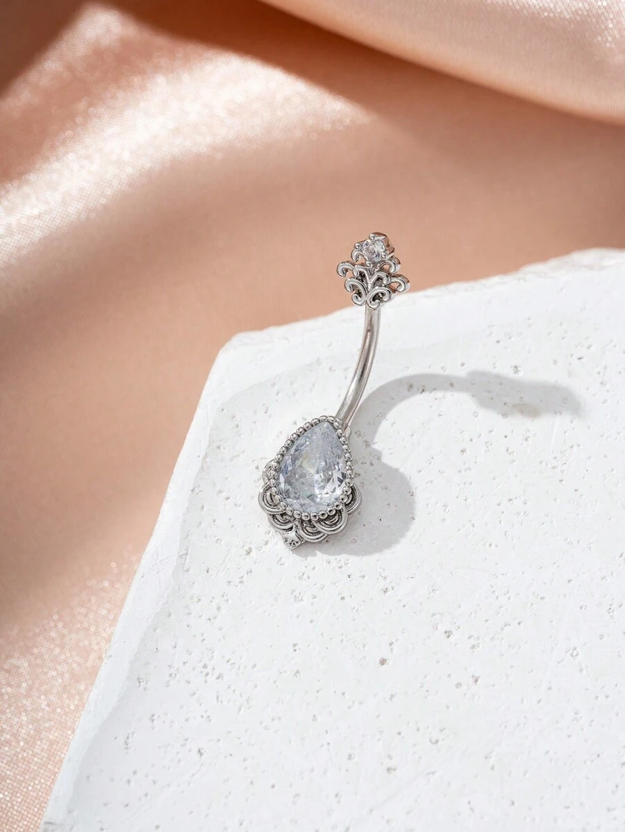 1 件装 女士方晶锆石水滴形肚脐穿刺环 - 銀色 - 查看 1
